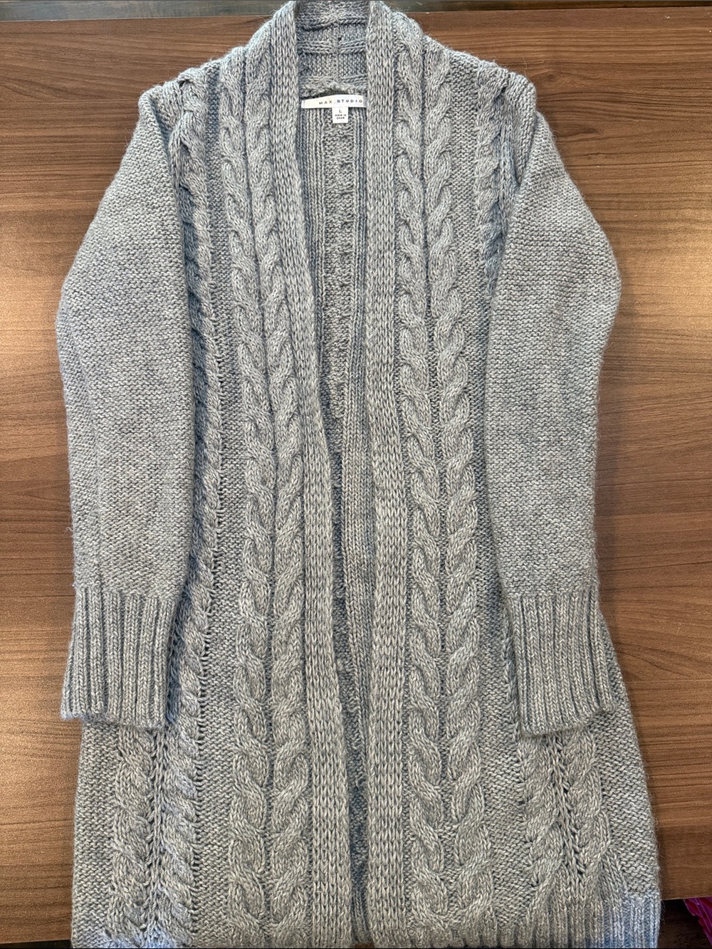 Max Studio Light Gray Cable Knit Open Cardigan